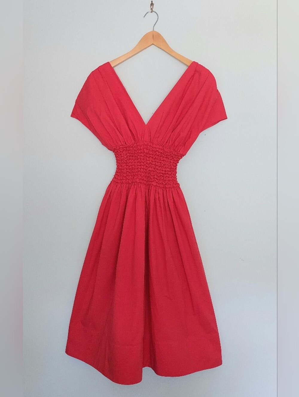 Staud Jackson Cap Sleeve Smocked Midi Dress Size Small Cotton Poplin - Picture 2 of 13